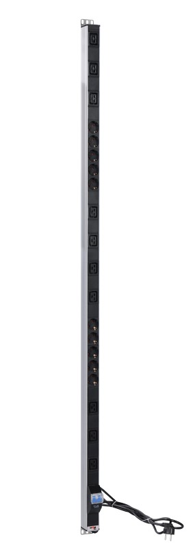 Вертикальный блок розеток Rem-16 с авт. 16А, 10 Schuko, 10 IEC 60320 C19, 16A, алюм.,33-48U,шнур 3 м